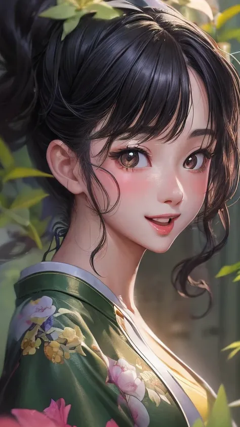 actual, 1 Chinese Fan Bingbing girl, black hair, big eyes, Smile，open mouth，glowing eyes, crop top, skirt, open lips, blush, night, flowers, sun, sunlight,