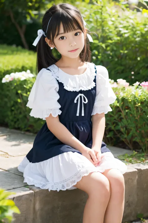 8K,Japanese,10 years old,innocent face,teenage girl,cute,summer clothes,everyday wear,garden,sitting,black hair,ribbon,frilly clothes