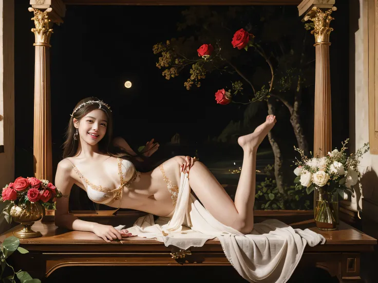 Giorgione painting style,Arguments of two female Philosophe,math、astronomical machine、astronaut、roses in vase、fruits、Cute trinkets、smile、ancient greek costume、Background is a forest lake at night 、Clothes that stretch your shoulders、A big smile、beautiful b...