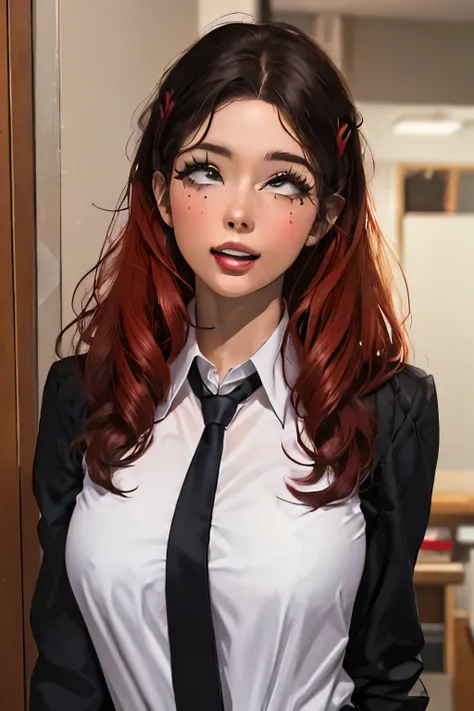 the masterpiece， Best quality， ultra - detailed， Illustration， epic lighting， Cinematic compositions， isometry， 1 girl， （Solo Exhibition：1.5）， Delightful， with brown eyes， brunette hair color， Wide bangs， Single sideburns， red hair clips， blouse with white...