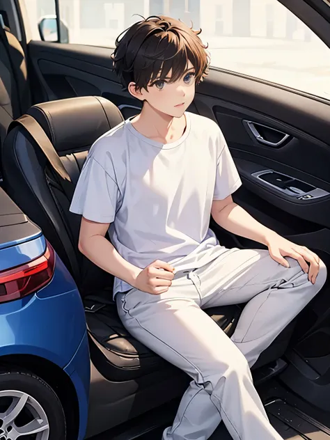 1boy,guy,Driving a car, black car, full body photo,18 years old,Curly hair,medium hair,undercut hairstyle,full body photo,light brown hair,Plain t-shirt, white t-shirt,white trousers,ultra detail,masterpiece