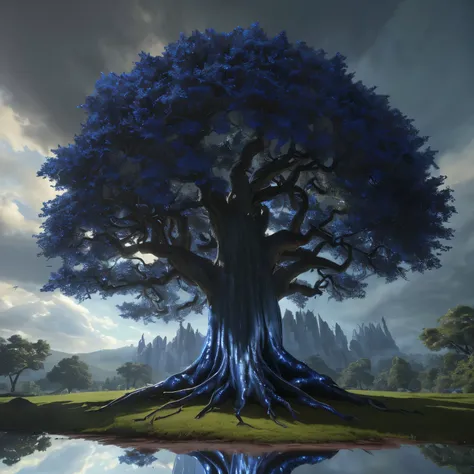 renaissance style, perfect composition, ((Extremely realistic)) ((Extremely detailed)) ((anatomically correct)) full body portrait of a massive ((majestic)) (((gnarled tree))), (((reflective metallic cobalt blue bark))), (((white leaves and fruit))), withi...