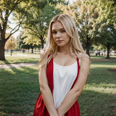 portrait of white Russian women blonde hair standing in front of Park wearing red dress