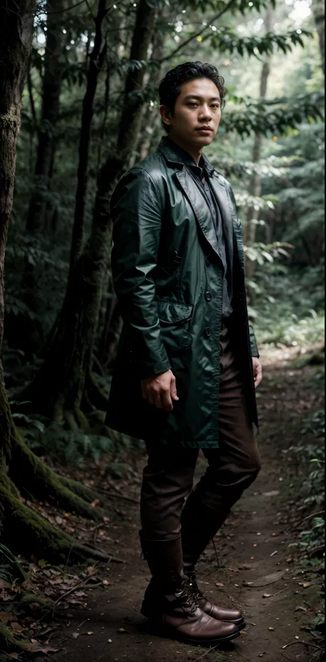 full body, cinematic portrait Asian man

with short curly hair wearing boots,

standing in the forest with a photo

camera, an outdoor photographer,

background with subtle light, in a magical

forest, man walking in the forest, in a

green forest, mystica...