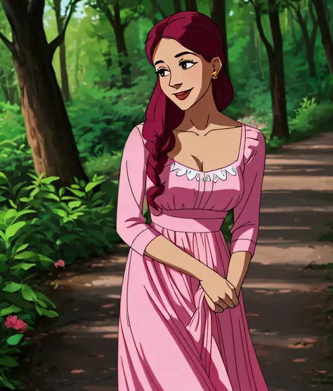 a woman in a pink dress standing on a path in a forest, wearing a silk kurta, * colour splash *, joyful look, dressed in a pink dress, with lovely look, wearing a pink dress, cute woman, cute beautiful, beautiful cute, beautiful and smiling, soft silk dres...