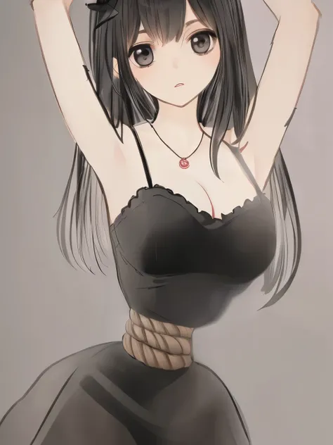 ((masterpiece)), ((highest quality)), (super detailed), torture room,(((rope strongly spueezing her waist))),pretty girl, 1 girl, alone,black camisole dress,beautiful black hair, (beautiful black eyes), long hair, expression of agony