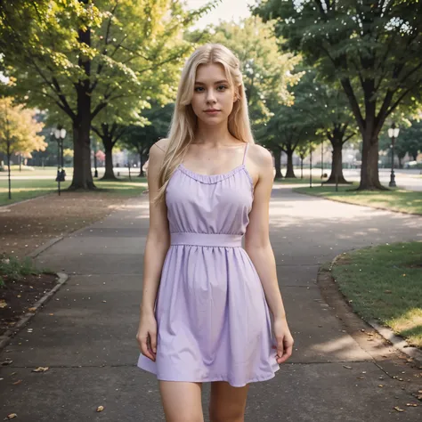 portrait of white Russian women blonde hair standing in front of Park wearing purple dress