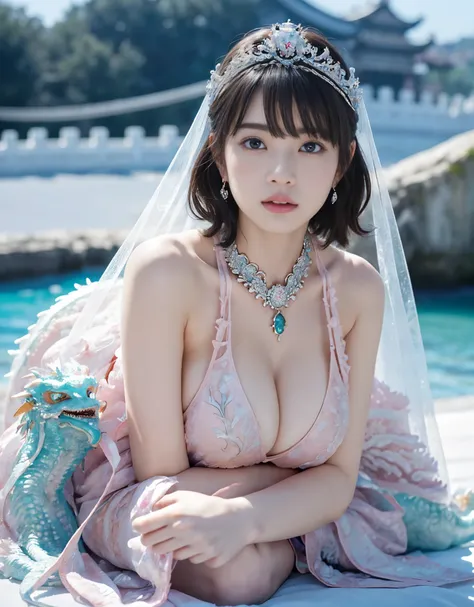 (very heavy chest)、highest quality、masterpiece、ultra high resolution、（ice dragon armor）、(((Metal製))),(((big breasts)))、(((Pink micro bikini with exposed details))),(she wears a beautiful crown made of precious stones.),(Photoreal:1.4)、RAW photo、1 girl、(((r...