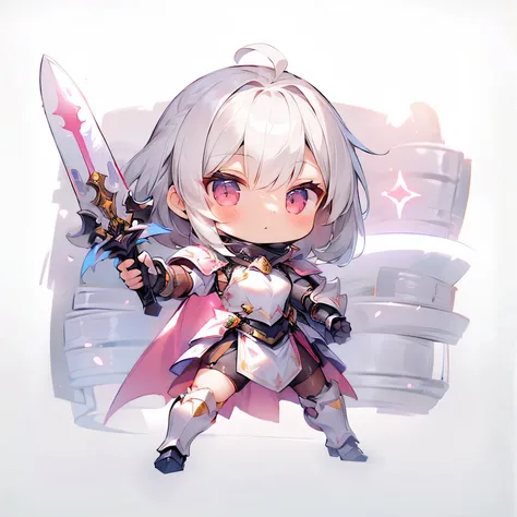 girl, Short hair, cat ears, gray hair, SD characters, Fusion costume combining Eastern and Western medieval iron armor, woman warrior costume, The main colors of clothes are white and pink.., Combat Uniform, large metal ornament on head