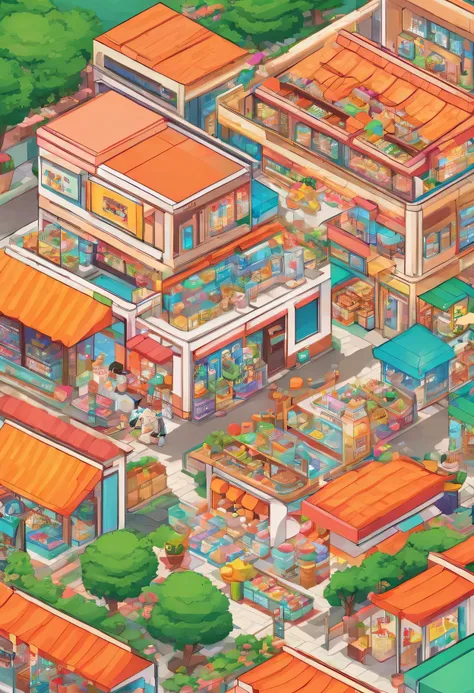 Store cartoon picture close-up，There are a lot of animals inside, Isometric illustration fun, Colorful Fox City, Lo-Fi illustration style, Pixel art isometric drawing, Lovely and detailed digital art, Isometric illustration, Isometric art, Isometric pixel ...