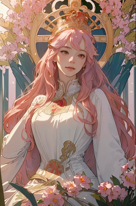 (masterpiece, highest quality), 1 girl, alone, (Queen:1.15), pink hair, long hair, curtain, white dress, queen dress, aurora, (sunlight, null, river, forest), No expression, red eyes, (art nouveau:1.2), Alphonse Mucha, tiara, (face focus, Upper body), (red...