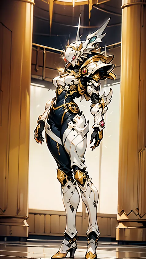 A woman adorned in fantasy-style full-body armor, a crown-concept fully enclosed helmet that unveils only her eyes, a composite layered chest plate, fully encompassing shoulder and hand guards, a lightweight waist armor, form-fitting shin guards, the overa...