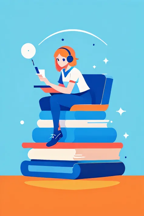 Une femme assise sur une pile de livres avec un ordinateur portable. Elle est concentrée, eyes directed to the left at the top with determination. She is wearing headphones with speakers, symbolisant son immersion dans la langue espagnole. Les livres sous ...