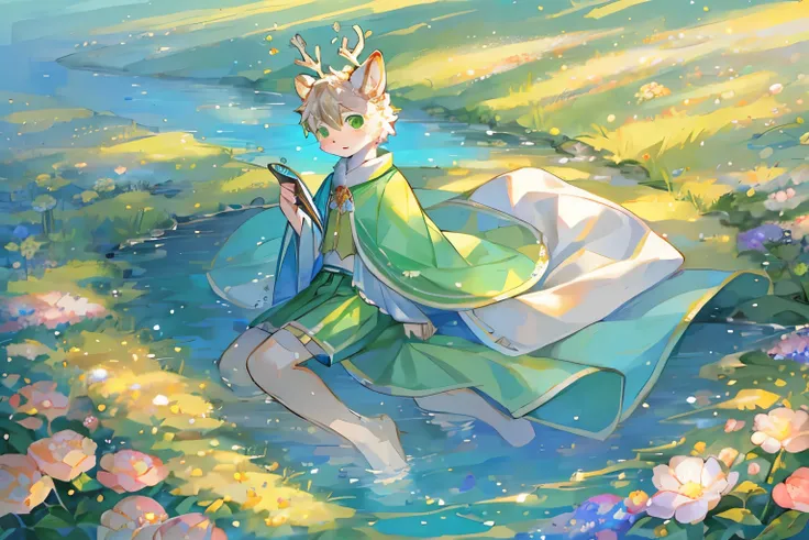 a white deer，Green pupils，antlers，桃flower树，飘落的桃flower，粉色的flower瓣，grassland，Sunlight，blue sky，Baiyun，cute，Shota，green clothing，手捧flower束，individual，facing the audience，flower，romantic，flower瓣漫天飘落，river，shawl，Hanfu，Chinese traditional clothing，Pastoral scene...