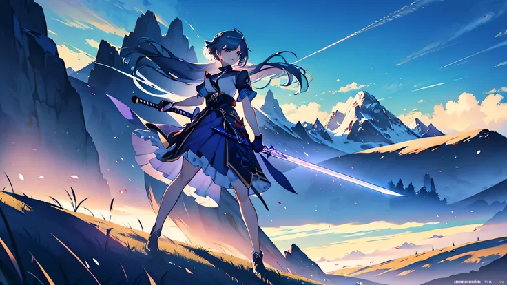 illustration, high resolution, good anatomy, HD, 8k, 1 girl, dynamic poses, whole body, Armed with a long sword, dark blue skirt, top light, shadow, Grass, Mountain, blue sky, cloud, rendering, Detailed blue hair, clothing, exquisite eyes