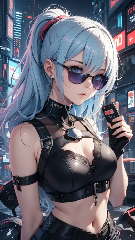 最high quality、best image quality、masterpiece、girl((20-year-old、 By becoming、vest bust、medium bust,wide open breast tea、shining eyes, light blue hair、long hair、thin,highest valley、ponytail、action of looking up、right arm bandage、Black shirt with wide open ch...