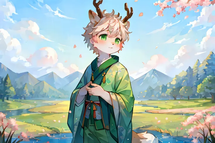 a white deer，Green pupils，antlers，peach tree，Falling peach blossoms，Pink petals，grassland，Sunlight，blue sky，Baiyun，cute，Shota，green clothing，facing the audience，Petals fall all over the sky，river，shawl，Hanfu，Chinese traditional clothing，Pastoral scenery，cl...