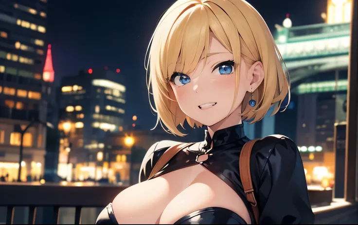 High resolution, 2D anime style,,Blue eyes beautiful eyes,high and beautiful nose,thin face,blonde boyish short hair,cool adult woman,chest is a little big,She looks very happy,bite&#39;lips, she was laughing so much,she narrows her eyes,Fashion that shows...