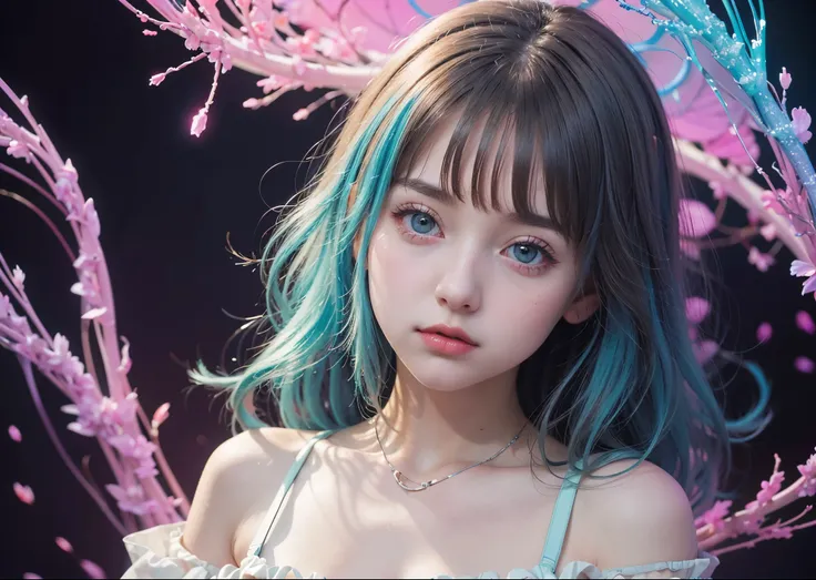 Psychedelic world、lolita fashion、Cute 1 girl、18 year old girl、big eyes、small breasts、light blue hair、colorful gel background、fractal background、perfect lighting、sharp focus、High definition、high resolution、High color rendering、High resolution、Super realisti...