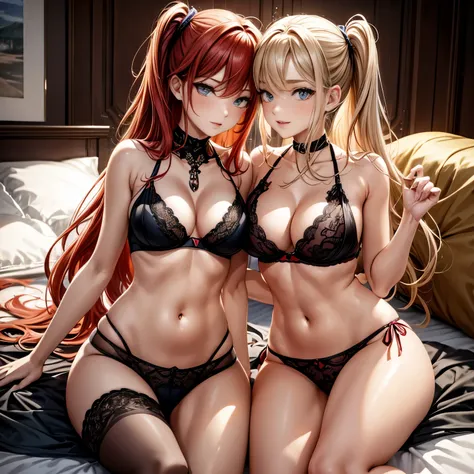 two playful girls, one with flowing blonde locks and the other with fiery red hair, engage in a tender display of intimacy. thei...