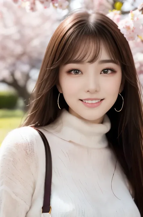 (22 year old woman), pink cashmere high neck sweater,pink skirt,spring,Full bloom cherry blossoms,under the cherry tree,(maximum resolution: 1.4), (Super high quality: 1.2), cinematic light, Super high quality, (beautiful eyes and skin), (detailed facial f...