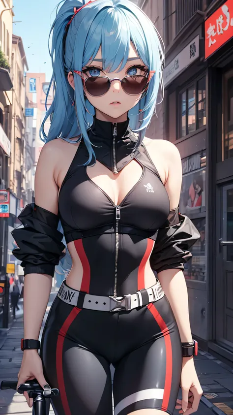 最high quality、best image quality、masterpiece、girl((20-year-old、 By becoming、vest bust、medium bust,wide open breast tea、shining eyes, light blue hair、long hair、thin,highest valley、ponytail、action of looking up、right arm bandage、Black shirt with wide open ch...