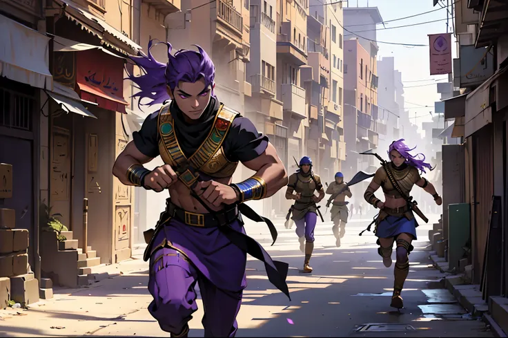 Imagine some Egyptian soldiers in tribal warrior clothes with purple hair and purple eyes running after someone through the streets of a beautiful, modern and fantasy city in Cairo. 