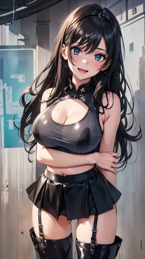 1 female,black hair,25 years old,(((blue shiny micro tight skirt)))((white tank top))(((blush、open mouth smile)),(((straight hair))),(((portrait))),crowd,,(wet with sweat)((sexy black bra and see-through tank top))(leather thigh high boots)(((big breasts))...