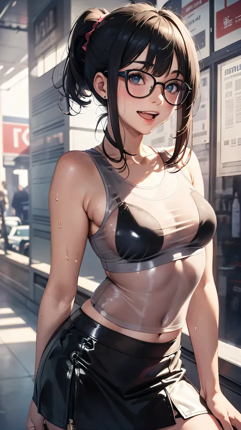 1 female,black hair,25 years old,(((blue shiny micro tight skirt)))((white tank top))(((blush、open mouth smile)),(((straight hair))),(((portrait))),crowd,,(wet with sweat)(sexy black bra and see-through tank top)(Glasses)(((small breasts)))((low ponytail))