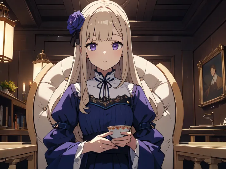 ((highest quality、masterpiece、High quality、Shining eyes、detail))、cream hair woman, purple eyes, violet dress, victorian dress, royalty, Noble, drinking tea with women,anime