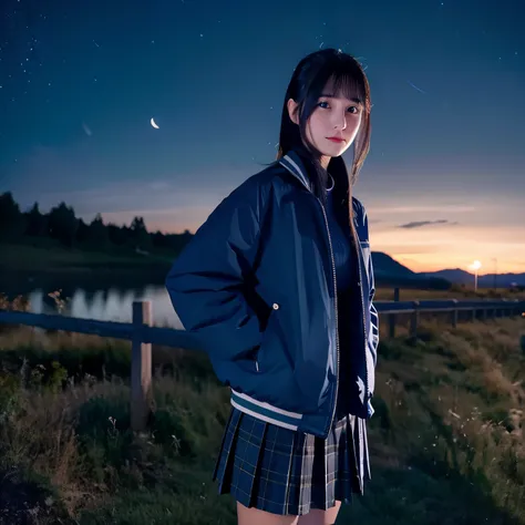 A young adult woman wearing a jacket and skirt looking kindly against the night sky.