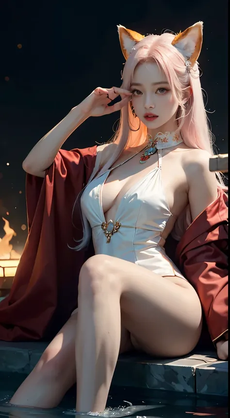 1 adult queen wearing a red blouse，White-haired girl with fox ears，Female fox pose，Chinese style clothes，Ancient costume with many phoenix patterns，Flawless pink face，Coronal head，hip-length black hair，Very nice sharp brown eyes，Small red lips，Draw lips，Ke...