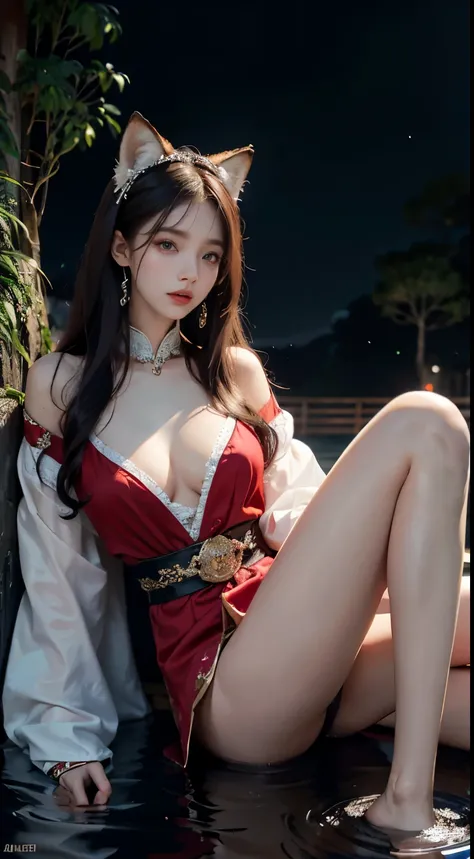 1 adult queen wearing a red blouse，White-haired girl with fox ears，Female fox pose，Chinese style clothes，Ancient costume with many phoenix patterns，Flawless pink face，Coronal head，hip-length black hair，Very nice sharp brown eyes，Small red lips，Draw lips，Ke...