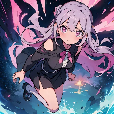 (high resolution, super detailed), 1 female, pink gray eyes, Pink gray long straight hair, Elegance, Black puffy off-shoulder dress, black shoes，Black neck ribbon，black earrings，A slightly surprised expression，Body falling from the air