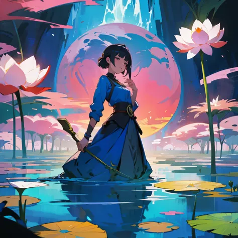 A woman wearing a blue dress stands in a flowering pond, Anime drawn by Shitao, pixiv contest winner, fantasy art, Gweiz, standing gracefully on a lotus, artwork in the style of Gweiz, gentle illustration, Gweiz on pixiv artstation, Gweiz on artstation pix...
