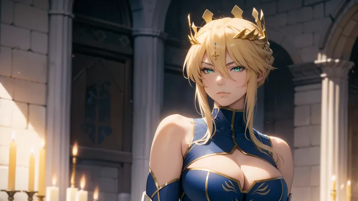 (best quality, highres), Artoria pendragon lancer, green eyes, artoriaLancer, braid, crown, turtleneck, cleavage cutout, sleeveless, blue leotard, gauntlets, seductive, sensual