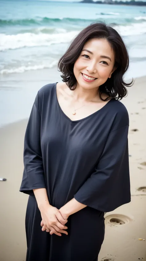 ((highest quality、8k、masterpiece:1.3))、sharp focus, High level image quality, High resolution, portrait, alone, Japanese, middle-aged women, beautiful woman, 50 years old, wavy hair, big t-shirt, beach, dark makeup, wrinkles around the eyes, bewitching loo...