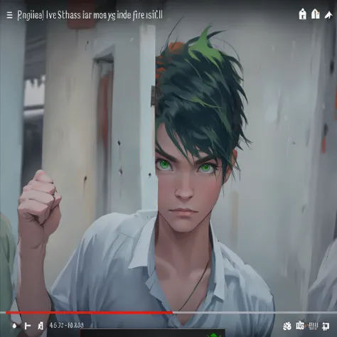 green hair green eyes going to hit with his fist