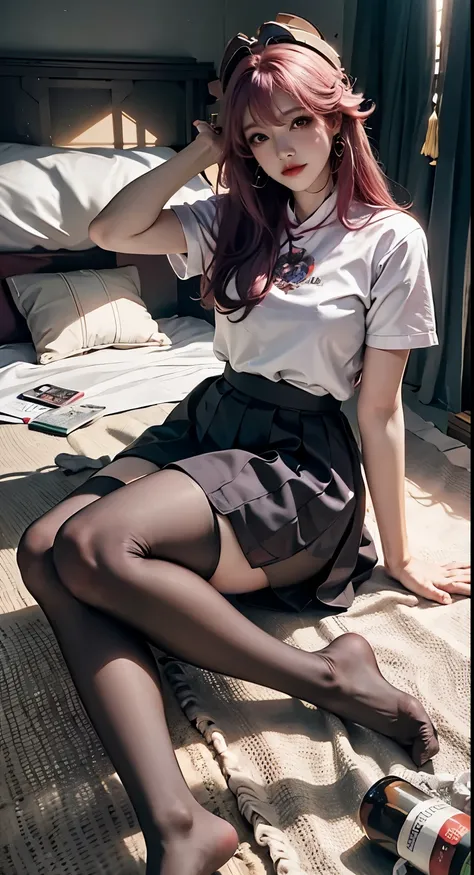 There is a woman sitting on the floor，Holding a bottle of beer in his hand, stockings and skirt, wear裙子 and high socks, pantyhose tights, korean girl, nylon tights, surreal , with black, wear着紧身简单的衣服, With natural light as background, wear, wear裙子, pretty ...