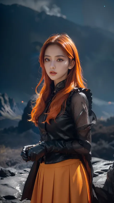 (Dark Bloom), kpop idol, orange hair, yellow eyes, (black skirt, gloves, black shirt), wings, sparkling clothing, (mountains, orange fire, dark background, rocks. lava), (realistic:1.2), (masterpiece:1.2), ((Cowboy-shot:1.2), dark romantic lighting, (highl...