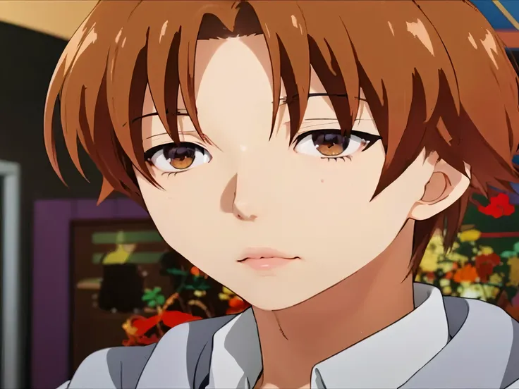 anime character with brown hair and brown eyes in a room, ( ( ( yoshinari yoh ) ) ), makoto kano, male anime character, sougo okita, makoto shinka, in the anime film, still from anime, screenshot from the anime film, still from tv anime, shinji, rin, young...