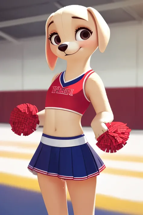 (by qupostuv35:1.2), female ((anthro, humanoid)), [(thin:1.1) : small  : (labrador:1.2):4], (Detailed face), (anthropomorphic legs, anthropomorphic hands:1.1), (solo), (cheerleader:1.1), skirt lift, wet pussy