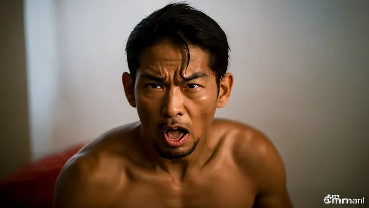 A thin Thai man makes an angry face in the room.