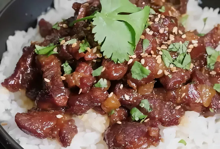 il y a un bol de riz avec de la viande et une garniture dessus, succulente aux graines de sésame, soft shredded red meat, sasai ukon masanao, Chinois, miam, sichuan, sauce, Porc, riz, asian male, inspired by Kanō Tan&#39;tu, Mansique Yang, Yee Chong, Miko,...