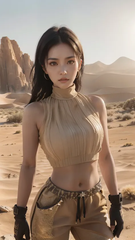 (Sunny day), kpop idol, black hair, yellow eyes, (crop top, gloves, sweatpants), at the desert, dusty clothing, (mountains, desert sandy, desert background, rocks. Sand), (realistic:1.2), (masterpiece:1.2), ((Cowboy-shot:1.2), dark romantic lighting, (high...