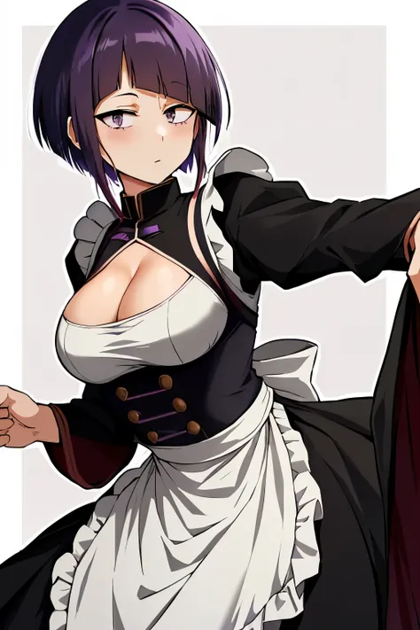 jirou kyouka, general, 1girl, alternate costume, apron, audio jack, black dress, breasts, cleavage, dress, enmaided, long earlob...