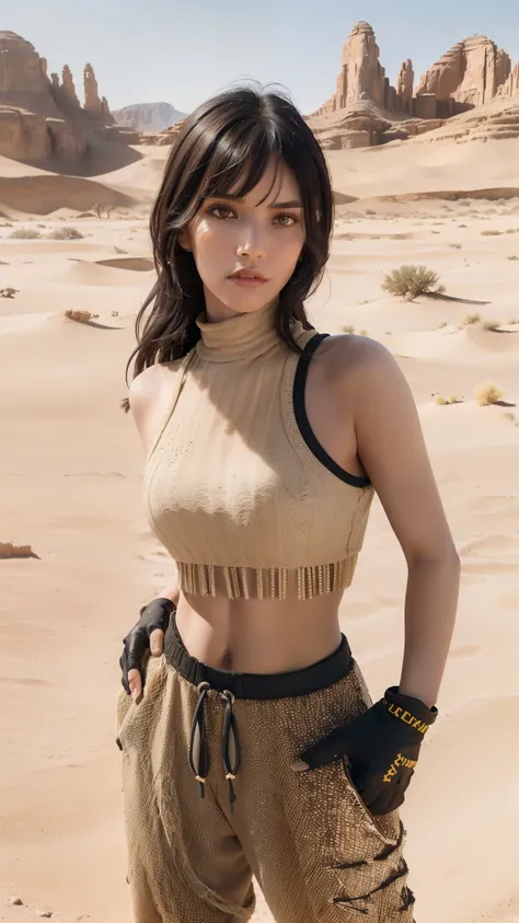 (Sunny day), black long hair with bangs, yellow eyes, look chic (crop top, gloves, sweatpants), at the desert, dusty clothing, (mountains, desert sandy, desert background, rocks. Sand), (realistic:1.2), (masterpiece:1.2), ((Cowboy-shot:1.2), dark romantic ...