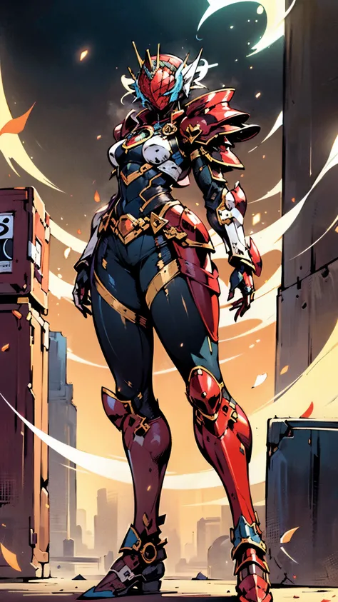 A woman adorned in fantasy-style full-body armor, a crown-concept fully enclosed helmet that unveils only her eyes, a composite layered chest plate, fully encompassing shoulder and hand guards, a lightweight waist armor, form-fitting shin guards, the overa...