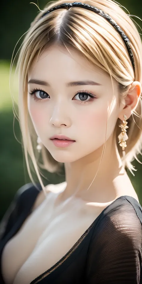 pretty girl, (ash blonde hair), ((very bun hair)), perfect face, No expression,(((１２talent)))、baby face、、 Upper body,(Cerulean Eyes), (yan), (), (thin), ((flat chest)), ((16 only)), skin dents, extreme details, attractive oval face, red lips, pink, Glossy ...