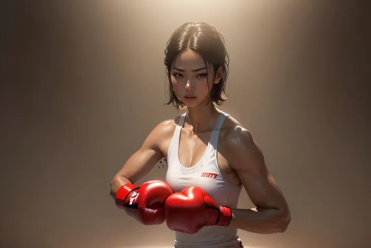 1girl, solo, short hair, brown hair, brown eyes, indoors, dark skin, tank top, red_boxing gloves,masterpiece, 4k, Asian women, solo, shorthair, boxer, white vest, standing infront of the boxing court, cool face, boxing court background, dim light, pretty f...